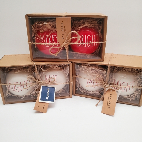 Rae Dunn Ceramic Christmas Ornaments MERRY, BRIGHT, NAUGHTY, NICE Red and White - Picture 1 of 4